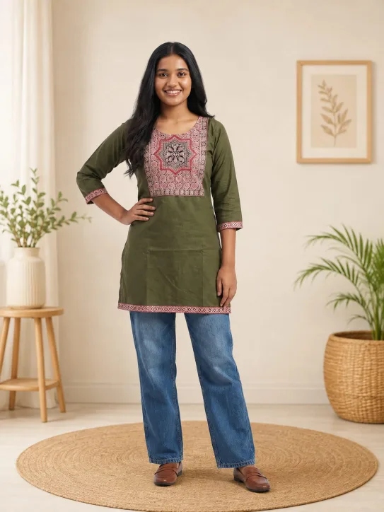 Girl's Printed Cotton Short Kurti /Size M