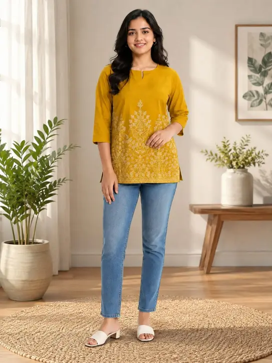 Girl's Printed Cotton Short Kurti for Girls