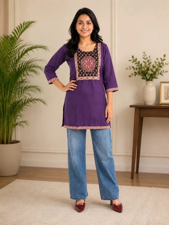 Girl's Printed Cotton Short Kurti /Size M