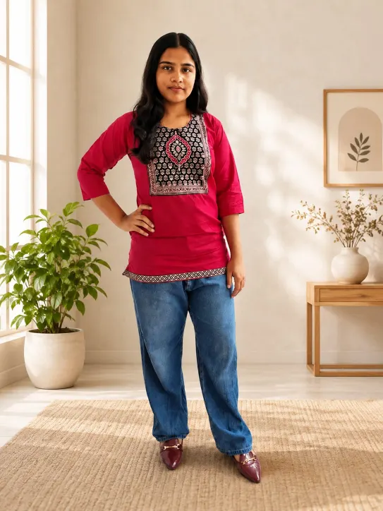 Girl's Printed Cotton Short Kurti /Size M