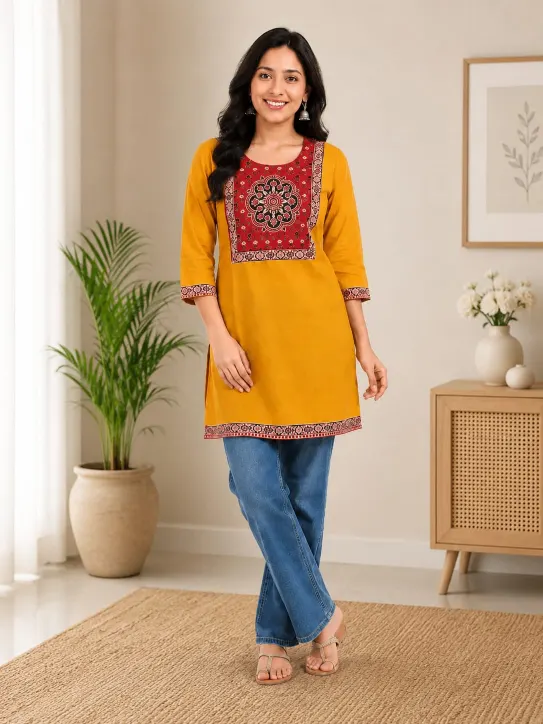 Girl's Printed Cotton Short Kurti /Size M
