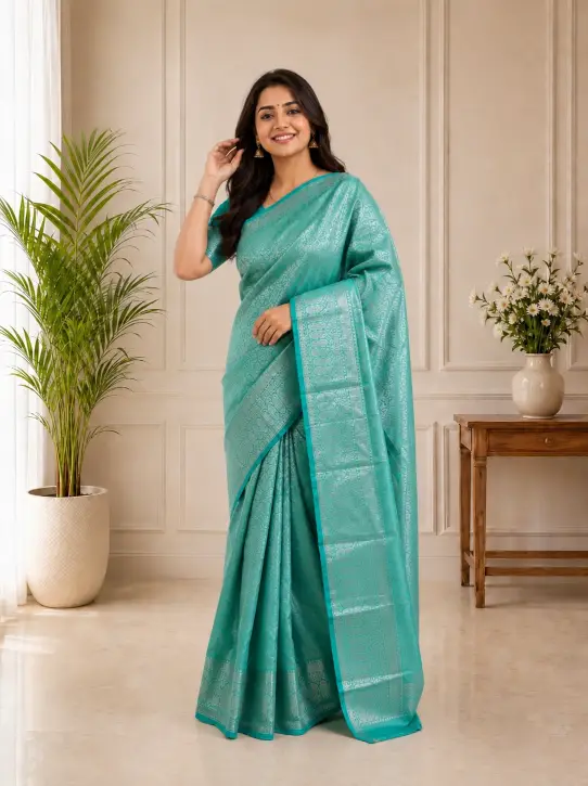 Women's Brocade Saree| Elegant Aqua Green