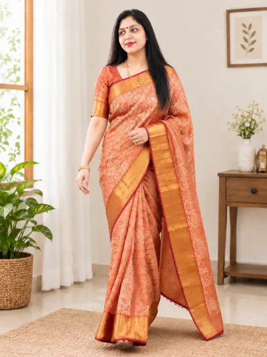 Tissue Soft Silk Saree – Peach & Golden Colour - Image 3