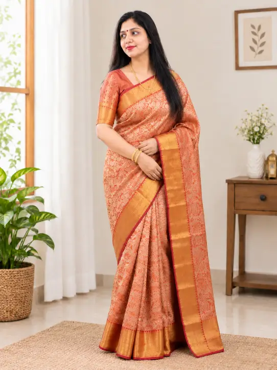 Tissue Soft Silk Saree – Peach & Golden Colour