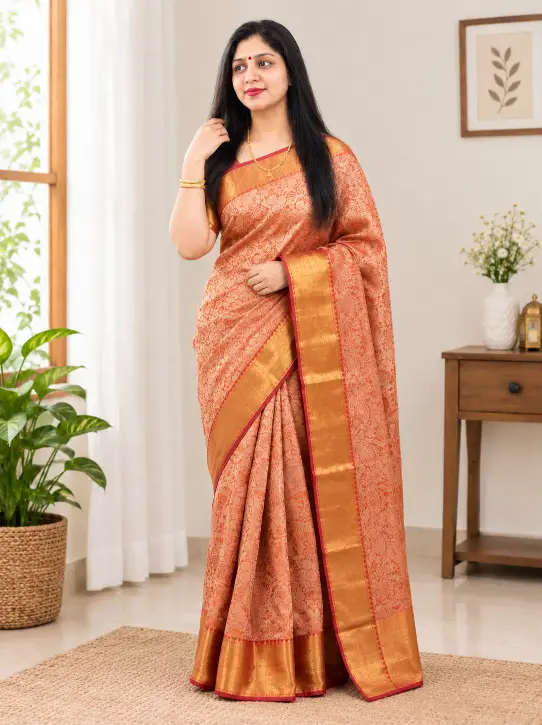 Tissue Soft Silk Saree – Peach & Golden Colour - Image 2
