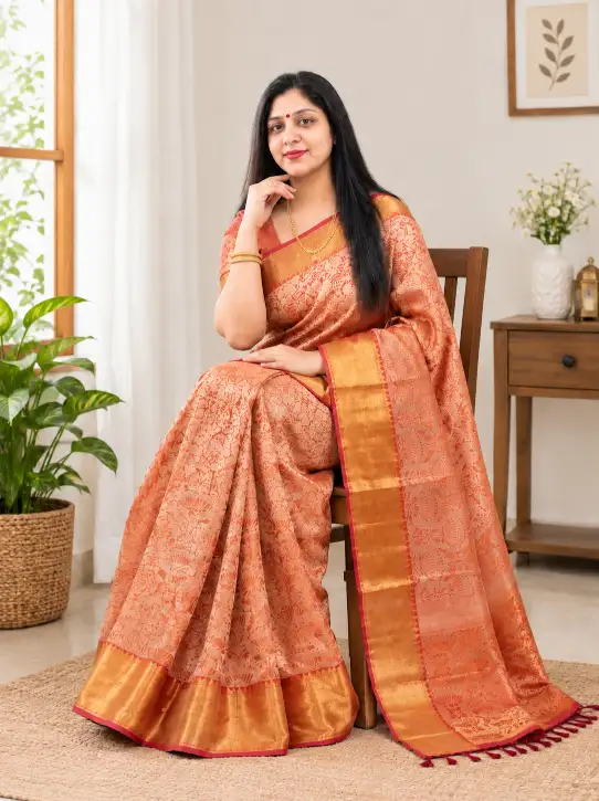 Tissue Soft Silk Saree – Peach & Golden Colour - Image 4