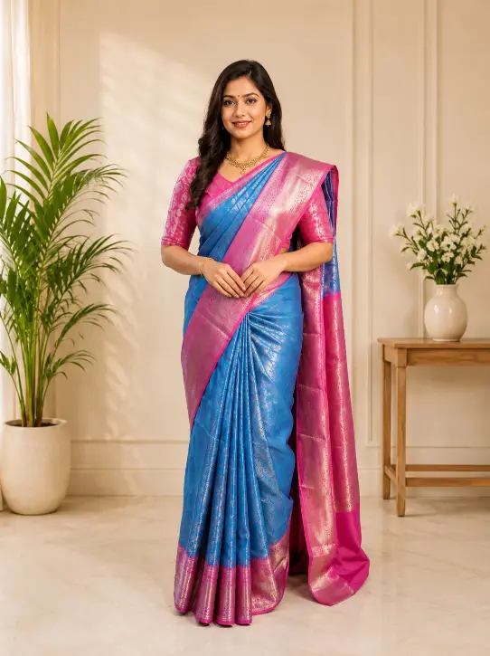 Women's Brocade Saree|Elegant Blue/Pink