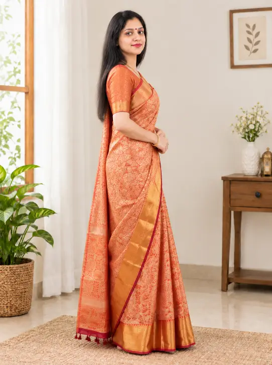 Tissue Soft Silk Saree – Peach & Golden Colour - Image 5