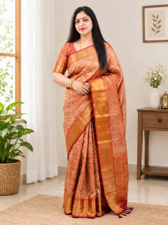 Tissue Soft Silk Saree – Peach & Golden Colour - Image 7