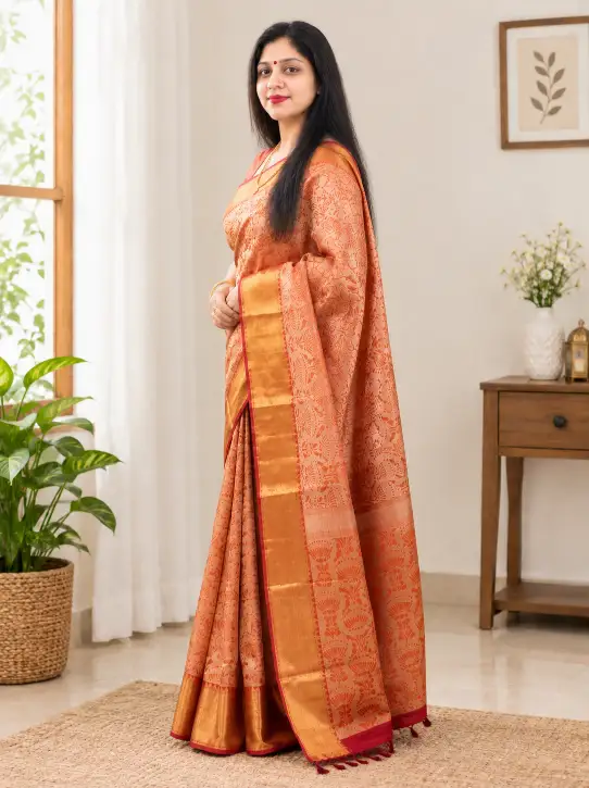 Tissue Soft Silk Saree – Peach & Golden Colour - Image 6