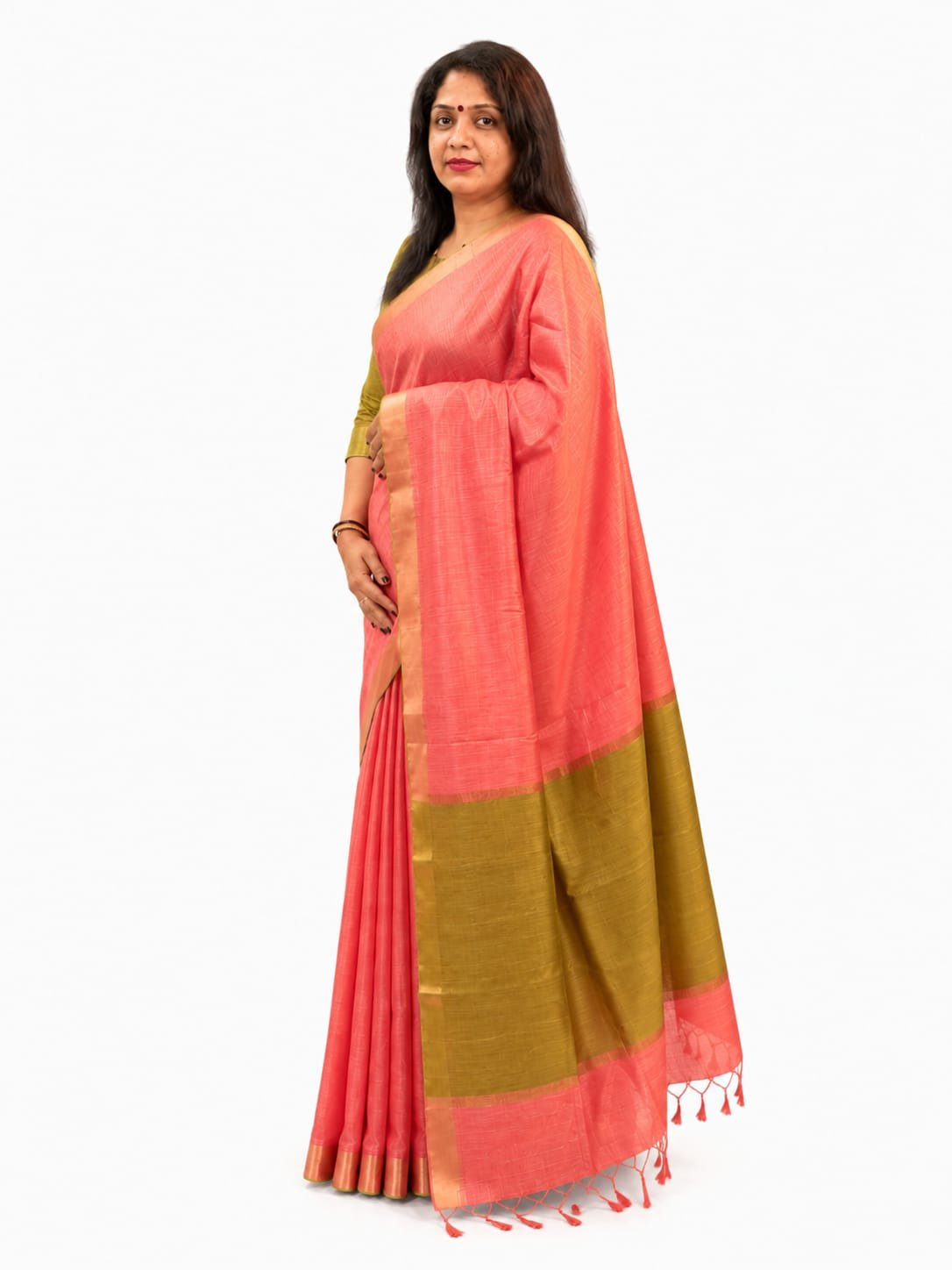 Women's Pink&Olive Gold Tissue Soft Silk Saree - Image 2