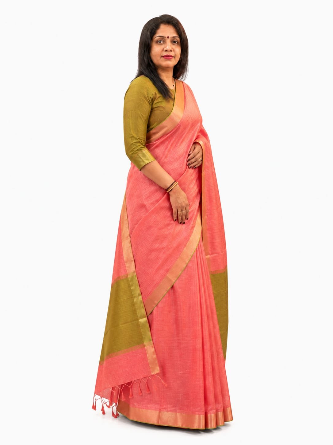 Women's Pink&Olive Gold Tissue Soft Silk Saree - Image 3