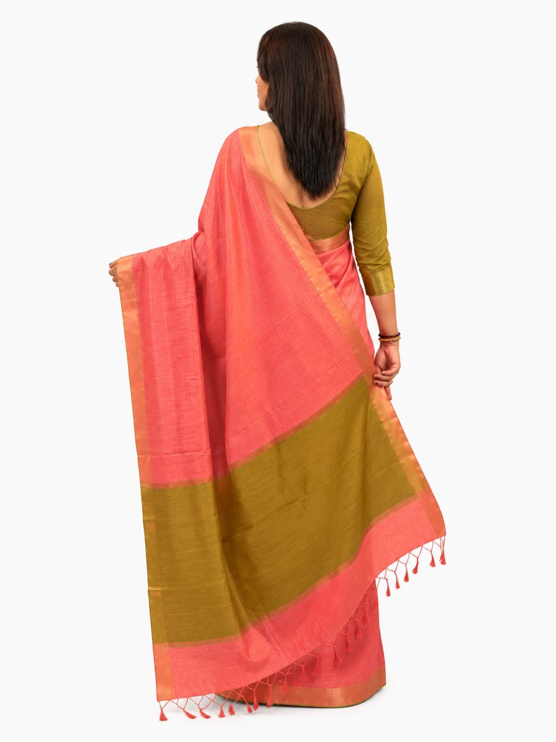 Women's Pink&Olive Gold Tissue Soft Silk Saree - Image 4