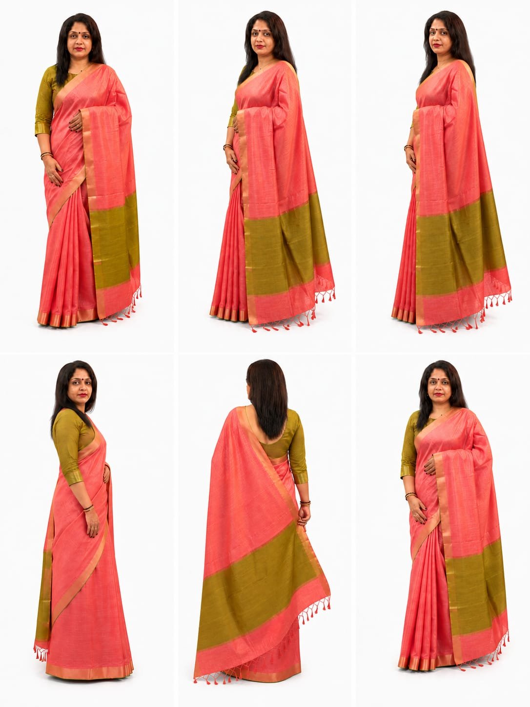 Women's Pink&Olive Gold Tissue Soft Silk Saree - Image 5