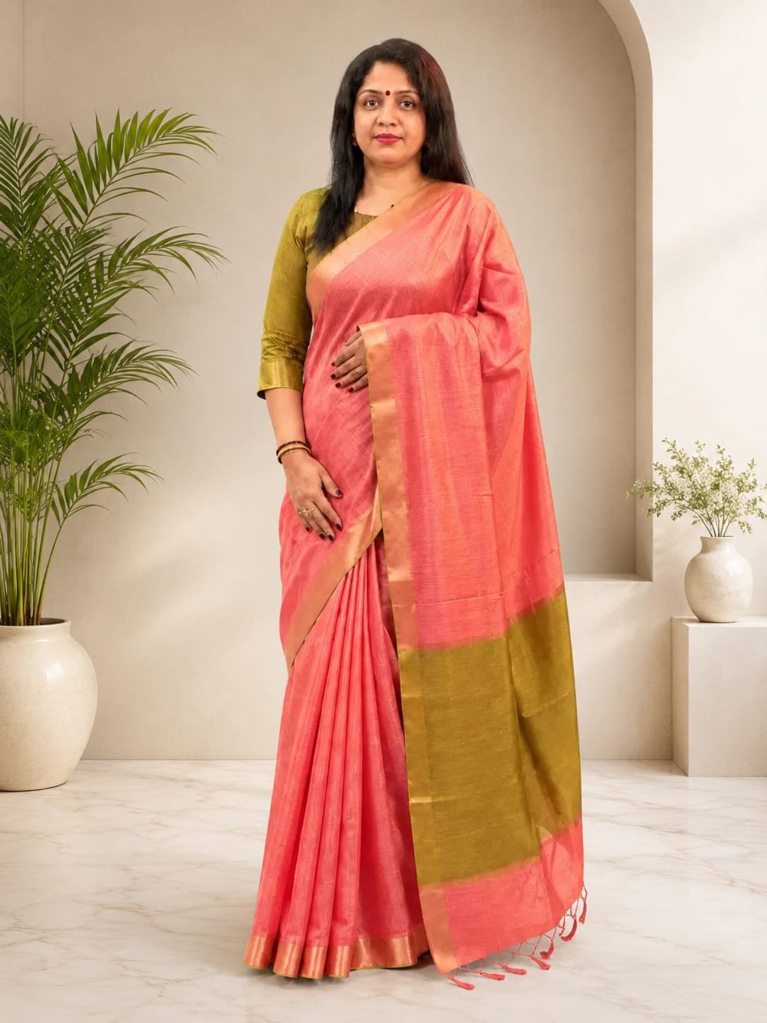 Women's Pink&Olive Gold Tissue Soft Silk Saree