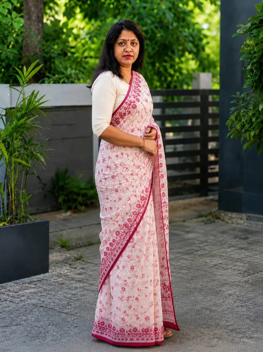 Women's Elegant Pink Floral Printed Cotton Saree - Image 3