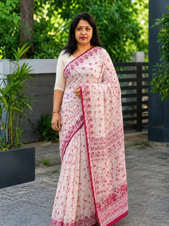 Women's Elegant Pink Floral Printed Cotton Saree
