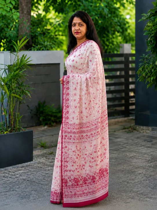 Women's Elegant Pink Floral Printed Cotton Saree - Image 4