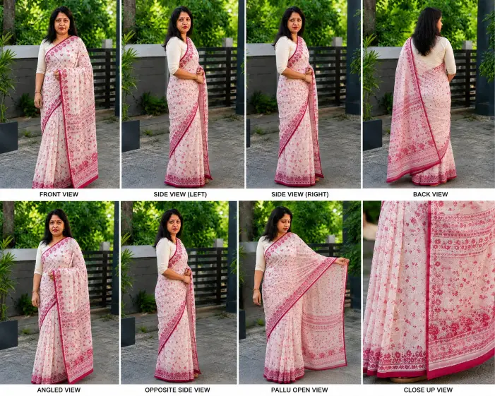 Women's Elegant Pink Floral Printed Cotton Saree - Image 5