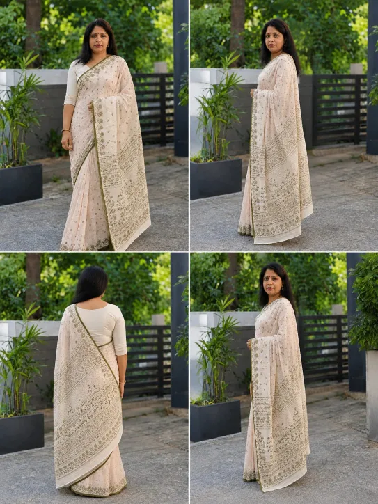 Women's Elegant Cream Floral Cotton Saree - Image 5