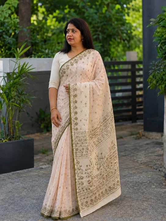 Women's Elegant Cream Floral Cotton Saree - Image 2