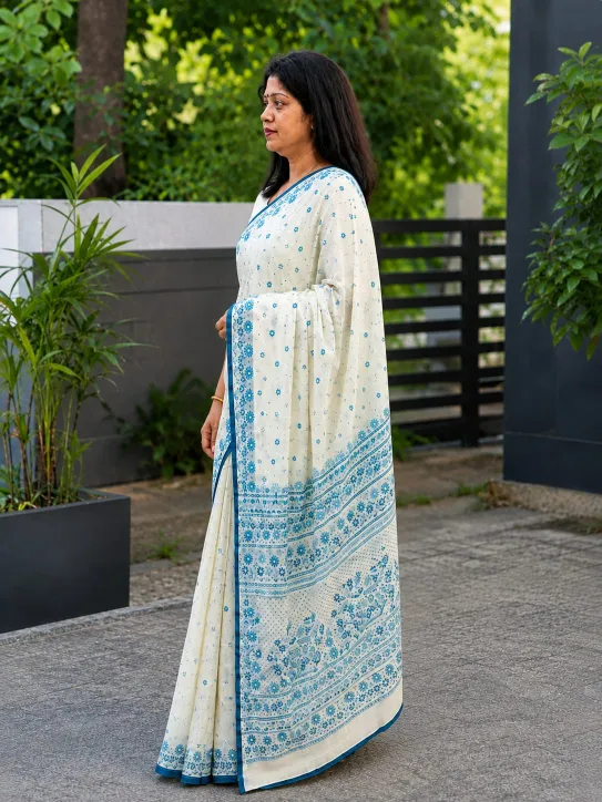 Women's Cotton Saree|Off-White/Cream with Blue - Image 4