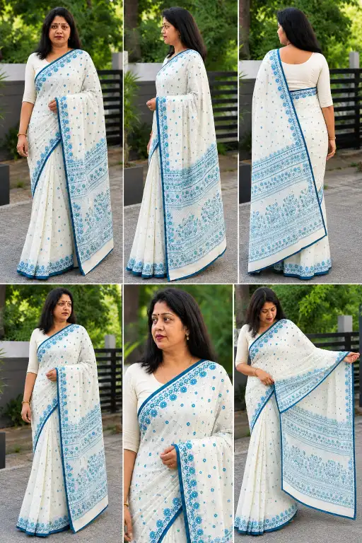 Women's Cotton Saree|Off-White/Cream with Blue - Image 6