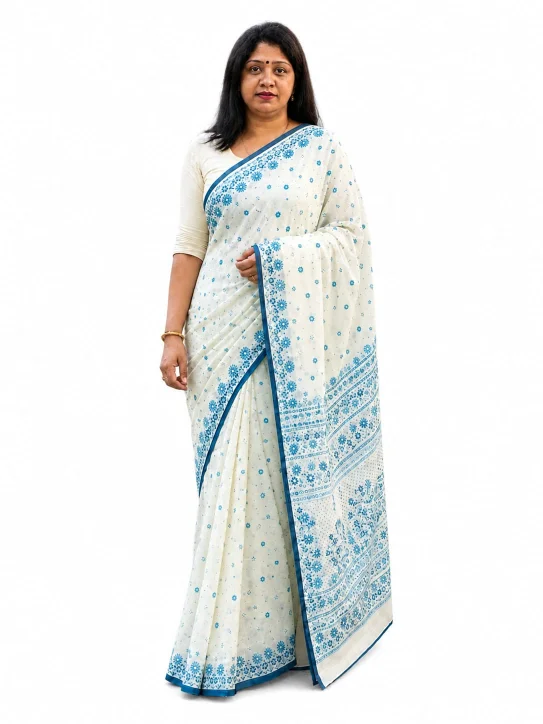 Women's Cotton Saree|Off-White/Cream with Blue - Image 3