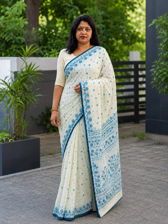 Women's Cotton Saree|Off-White/Cream with Blue