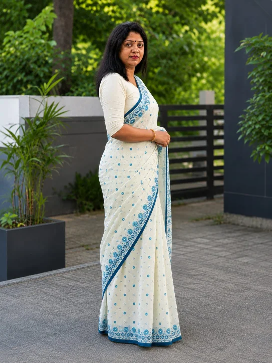 Women's Cotton Saree|Off-White/Cream with Blue - Image 5