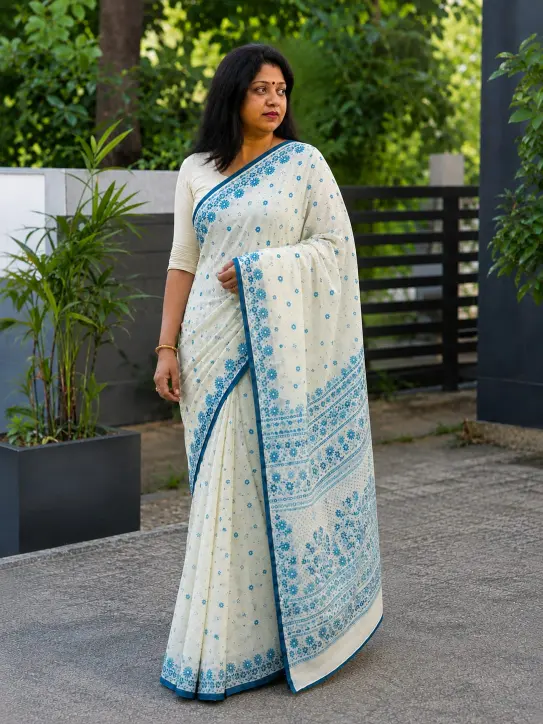 Women's Cotton Saree|Off-White/Cream with Blue - Image 2