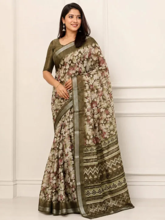 Women's Mixed Cotton Saree| Floral leafy printed - Image 2