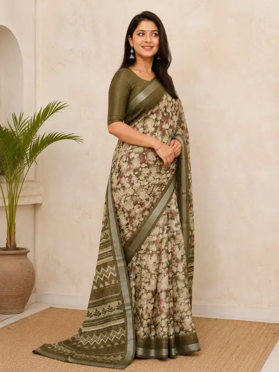 Women's Mixed Cotton Saree| Floral leafy printed - Image 4