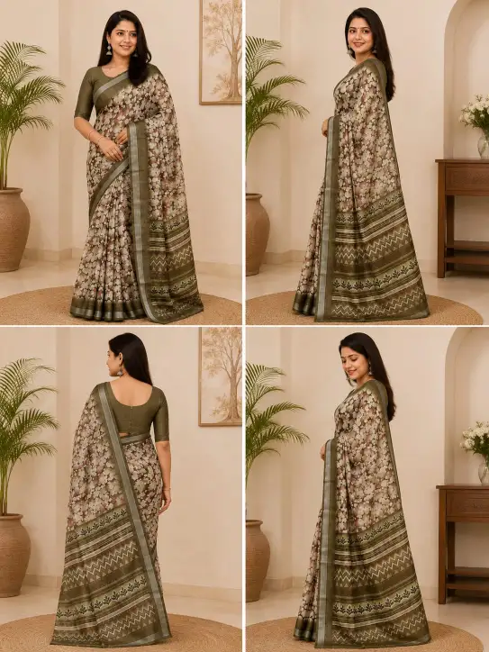 Women's Mixed Cotton Saree| Floral leafy printed - Image 5