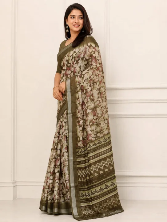 Women's Mixed Cotton Saree| Floral leafy printed - Image 3