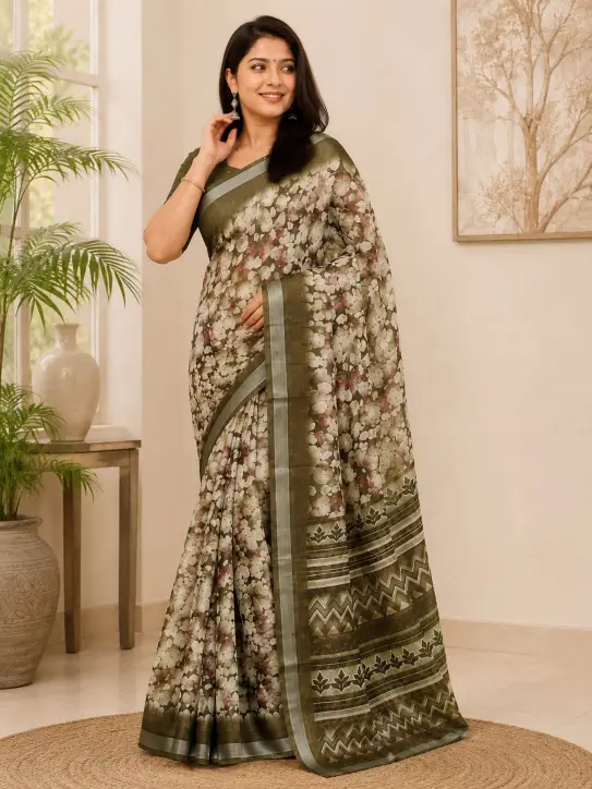 Women's Mixed Cotton Saree| Floral leafy printed