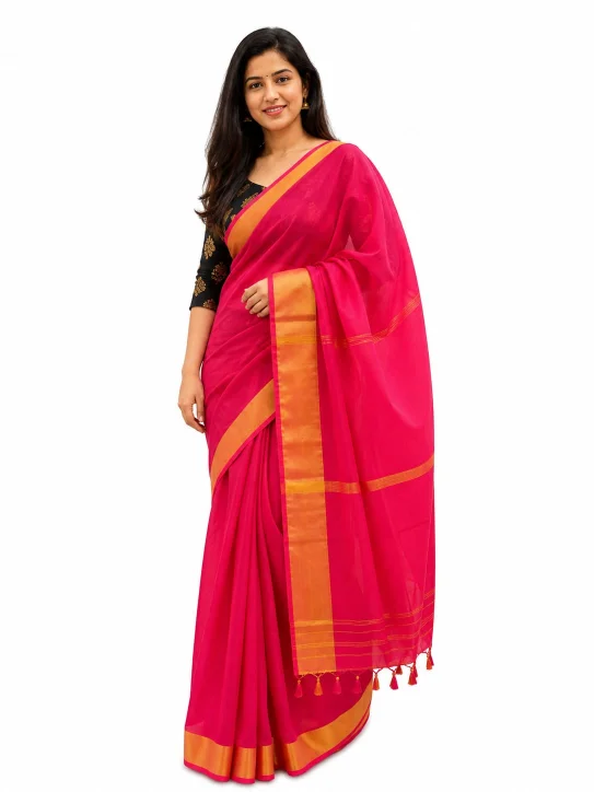 Women’s Mul Cotton Saree–Pink with Orange - Image 2