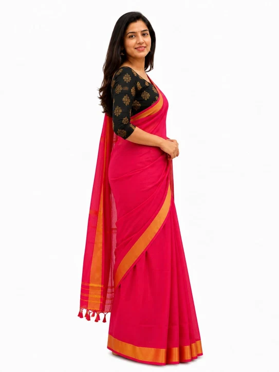 Women’s Mul Cotton Saree–Pink with Orange - Image 3