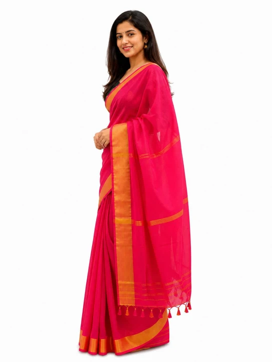 Women’s Mul Cotton Saree–Pink with Orange - Image 4