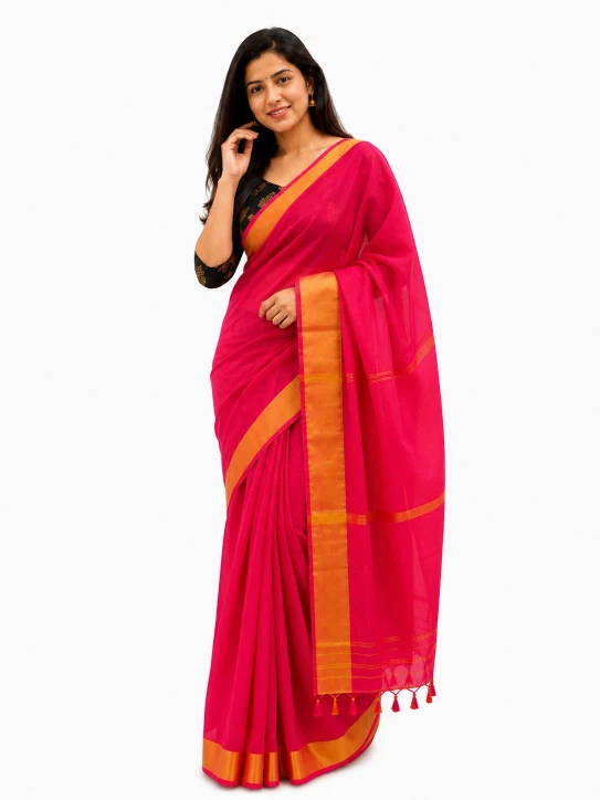 Women’s Mul Cotton Saree–Pink with Orange - Image 5