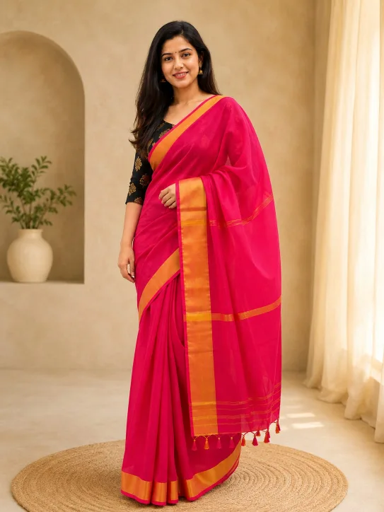Women’s Mul Cotton Saree–Pink with Orange