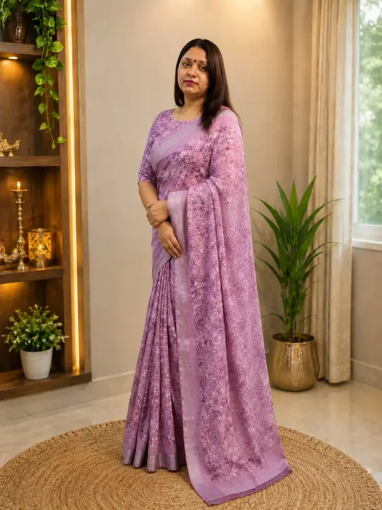 Women’s Lavender Georgette Silk Saree - Image 2