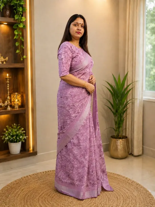Women’s Lavender Georgette Silk Saree - Image 3