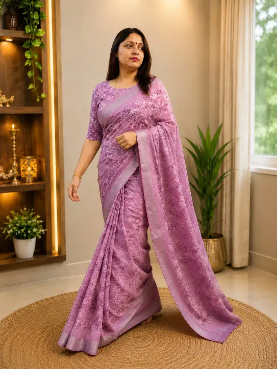 Women’s Lavender Georgette Silk Saree - Image 4