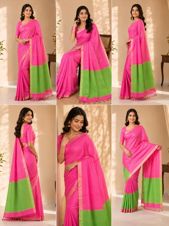 Women's Pink & Green Soft Silk Saree - Image 6