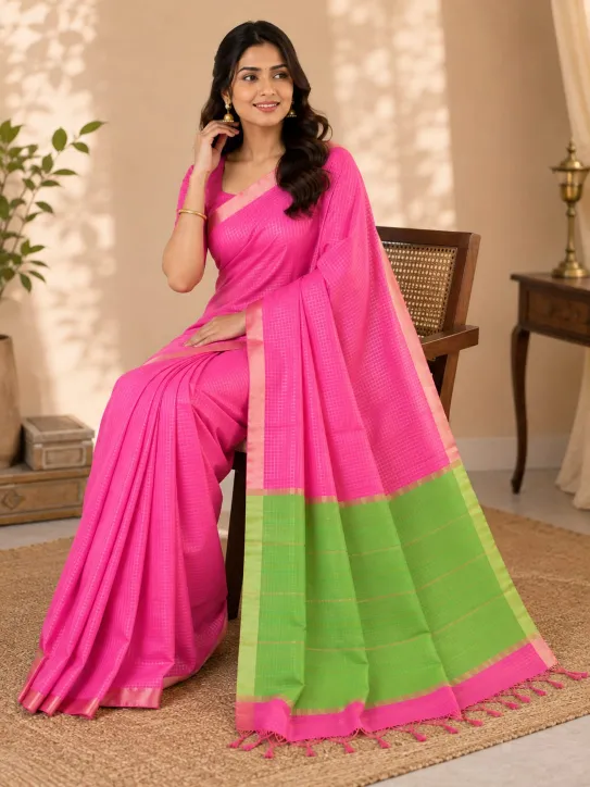 Women's Pink & Green Soft Silk Saree - Image 8