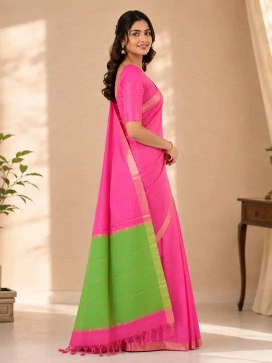 Women's Pink & Green Soft Silk Saree - Image 5