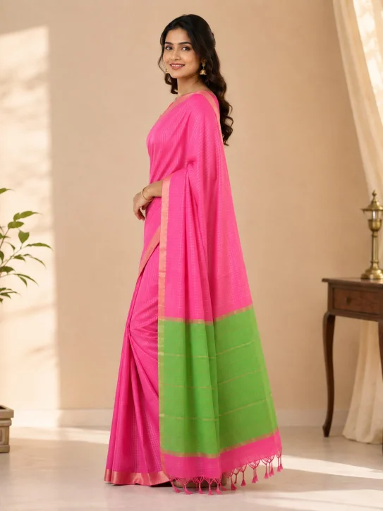 Women's Pink & Green Soft Silk Saree - Image 4