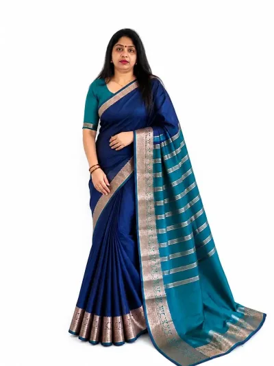 Women's Mixed Tissue Cotton Saree| Blue - Image 2