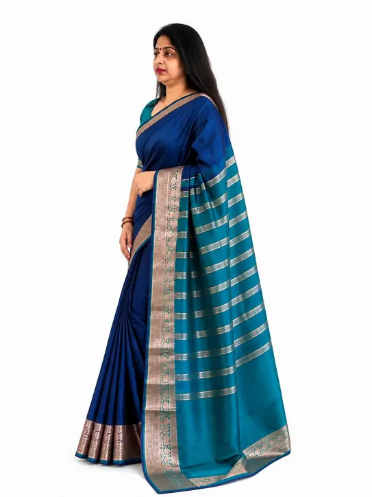 Women's Mixed Tissue Cotton Saree| Blue - Image 4
